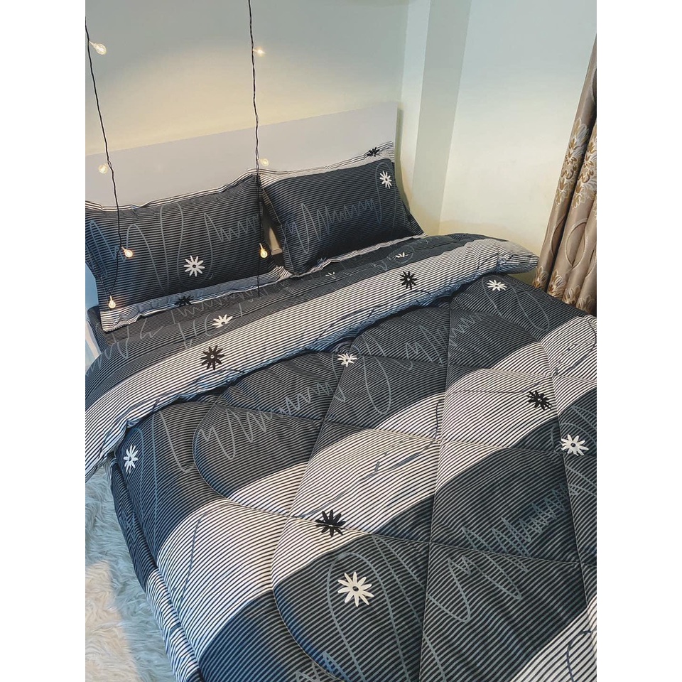 Bộ chăn ga gối kẻ hoa xám cotton poly, set chăn ga gối kẻ hoa xám cotton poly tặng kèm hạt xả vải