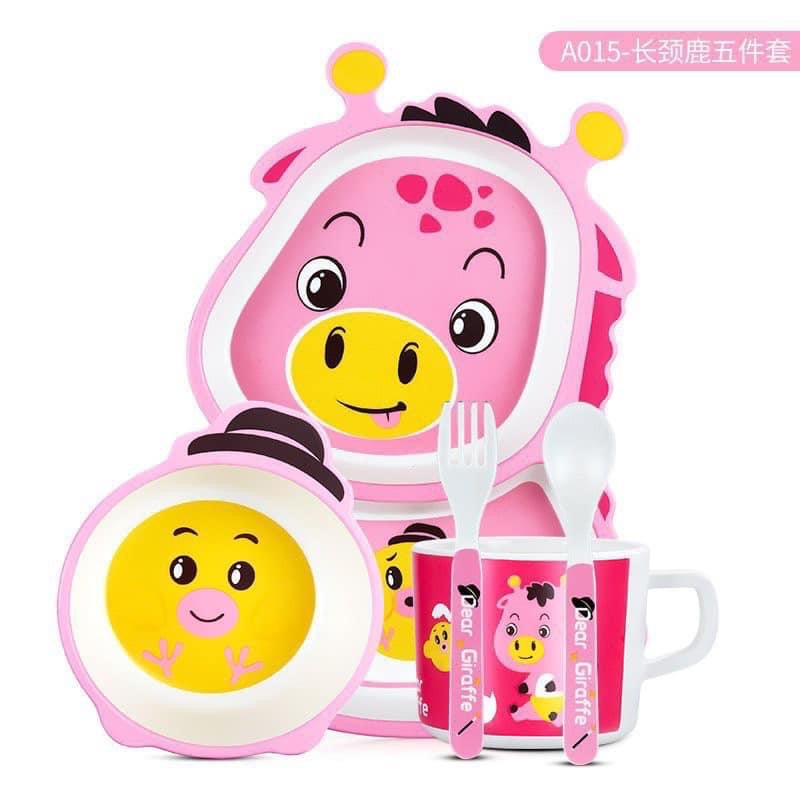 Set 5 món khay, tô, ly, thìa, nĩa cho bé ăn dặm chất liệu nhựa sợi tre hữu cơ, thân thiện với môi trường