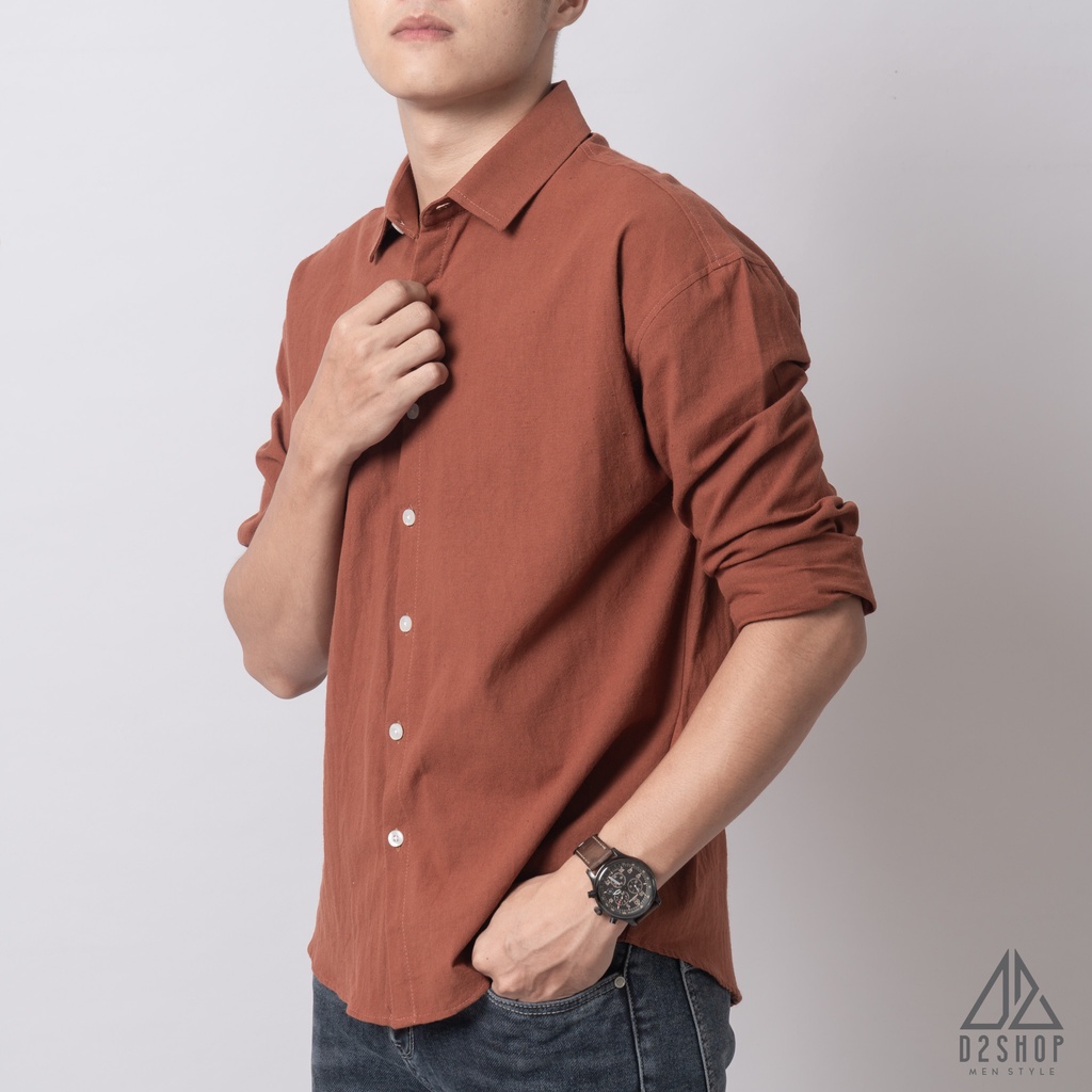 Áo sơ mi D2shop, áo sơ mi nam dài tay vải linen trơn, màu cam đất
