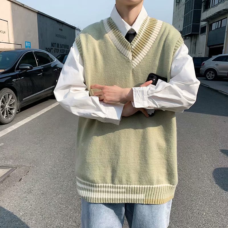 Áo Sweater Dệt Kim Unisex Cổ Chữ V Không Tay Phong Cách Hàn Quốc 4 Màu Sắc Size M-3XL