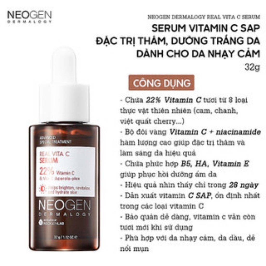 Tinh Chất Vitamin C Xoá Thâm, Làm Sáng Da Neogen Dermalogy Real Vita C Serum 32g