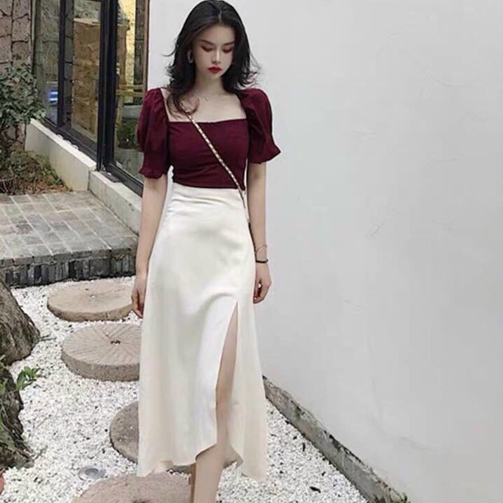 Set tay phồng chân váy xẻ tà siêu xinh LP Fashion ( có dây kéo, có lót)