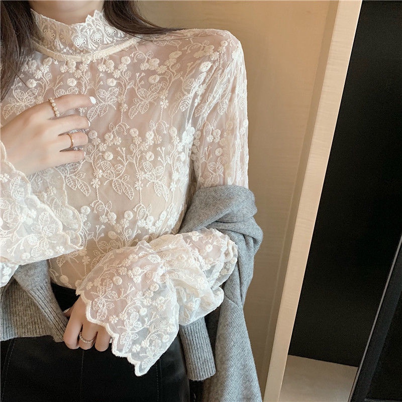 Áo thun tay dài cổ cao phối ren hoa văn thời trang quyến rũ cho nữ