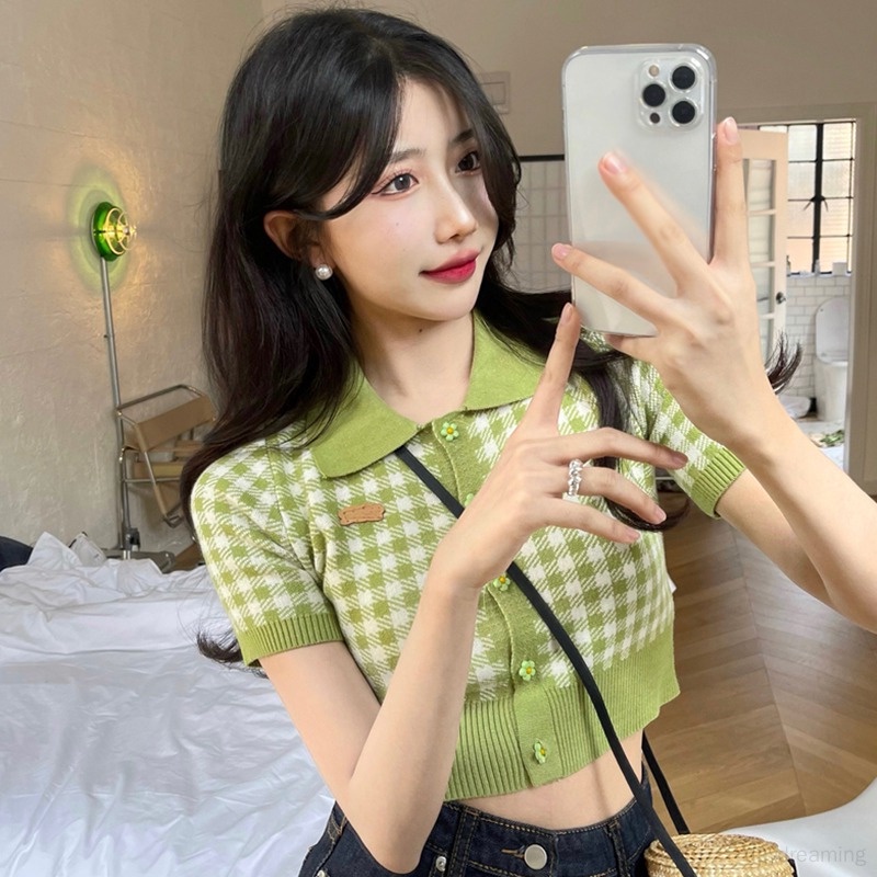 Áo Phông Áo Croptop Áo Thun Dệt Kim Tay Ngắn Thiết Kế Ngọt Ngào Cho Nữ