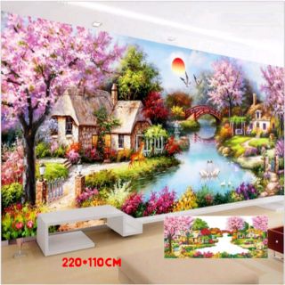 Tranh đính đá ngôi nhà mùa xuân kt 220*110cm
