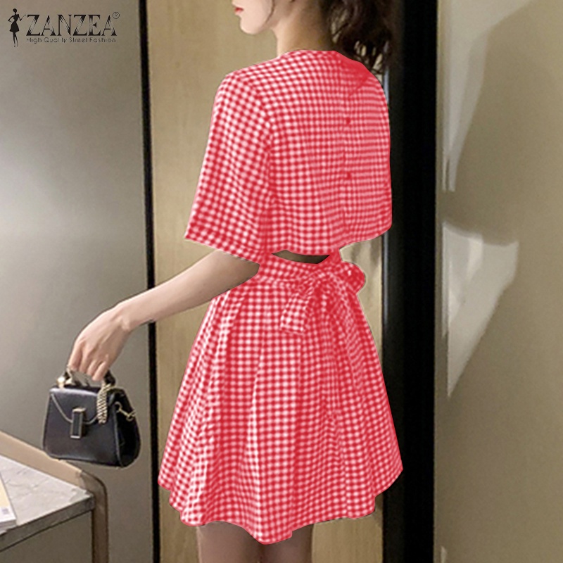 Đầm tay ngắn ZANZEA họa tiết caro phong cách Hàn Quốc dành cho nữ