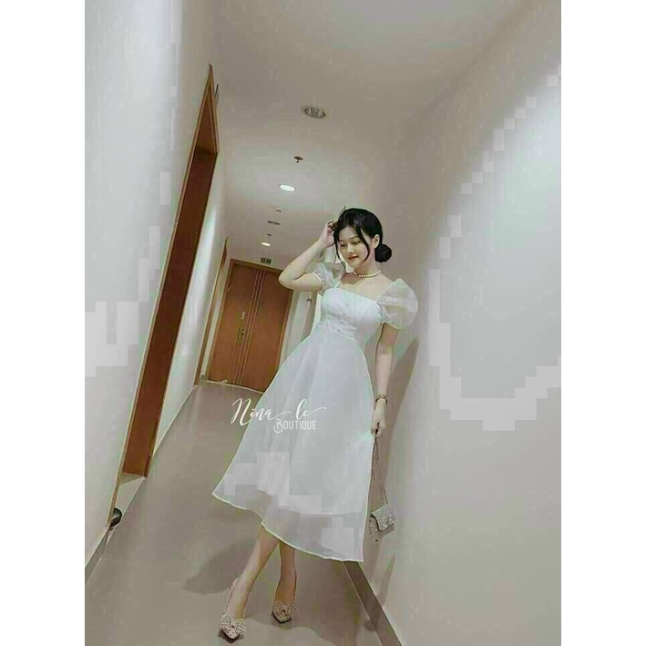 Đầm công chúa ulzzang dự tiệc cưới, đầm tiểu thư đi tiệc phong cách hàn quốc dễ thương thiết kế cúp ngực phối tay phồng