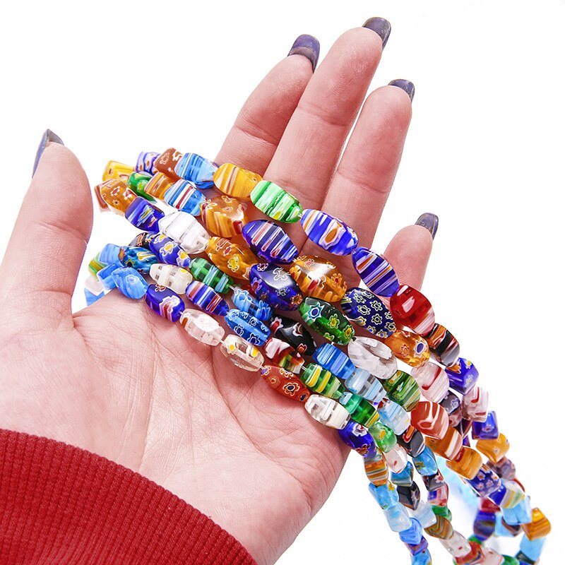 Hạt kính họa tiết hoa hình ống nhiều kiểu có lỗ xỏ dây dùng làm vòng tay trang sức đồ thủ công