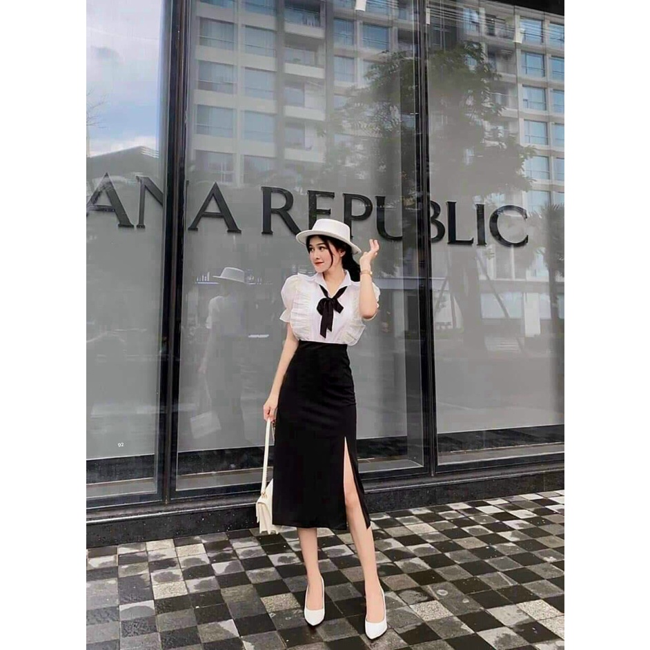 Sét bộ áo 2 lớp bèo cài nút thật, đính cột nơ mix chân váy xẻ tà thời trang xinh xắn