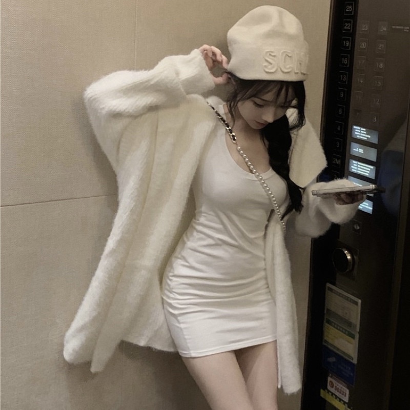 Áo khoác len dệt kim cardigan trắng lông mềm