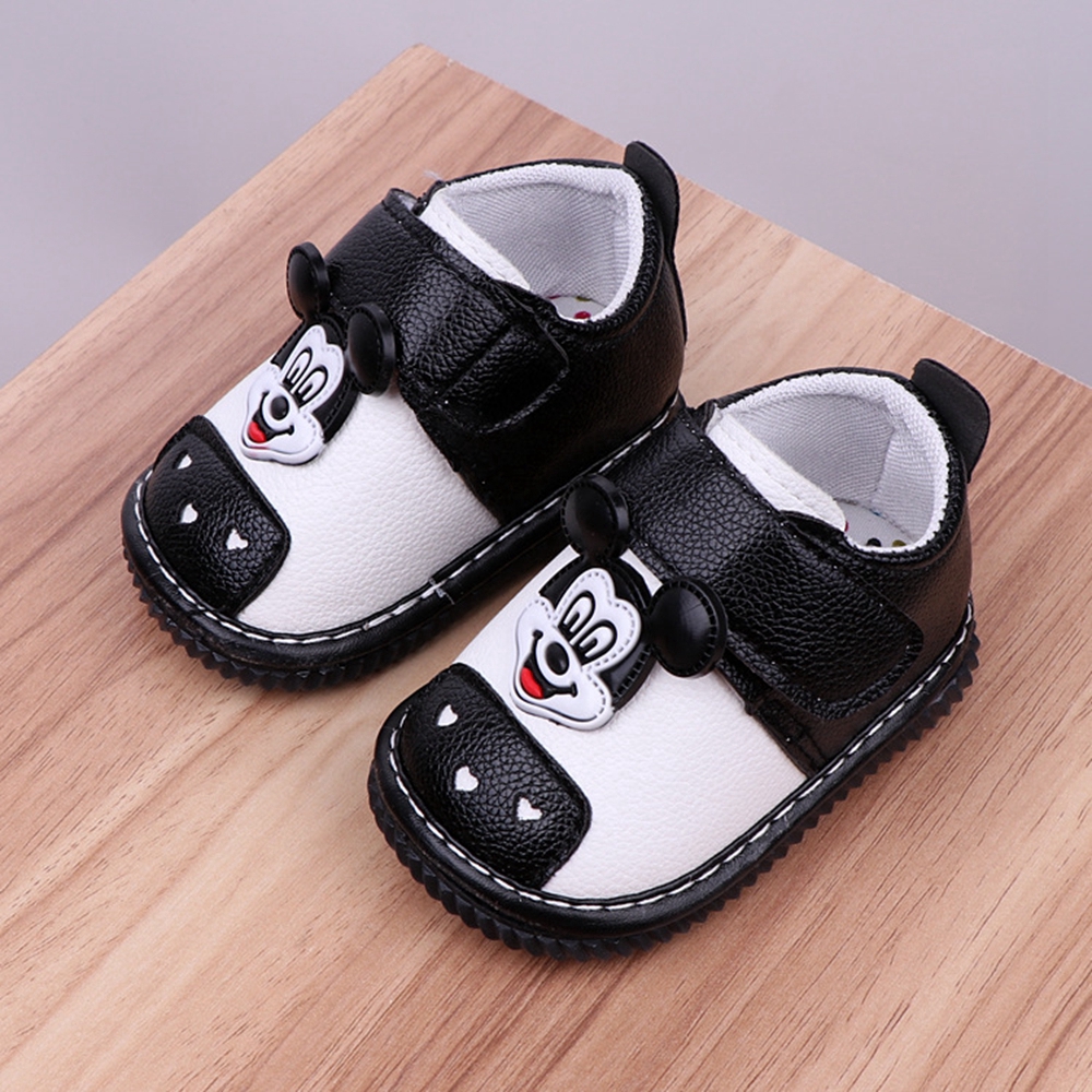 1-2 Years Cartoon Mickey Newborn Baby Shoes Black Infant Toddler Flat Shoes Leather Soft Size 15-19