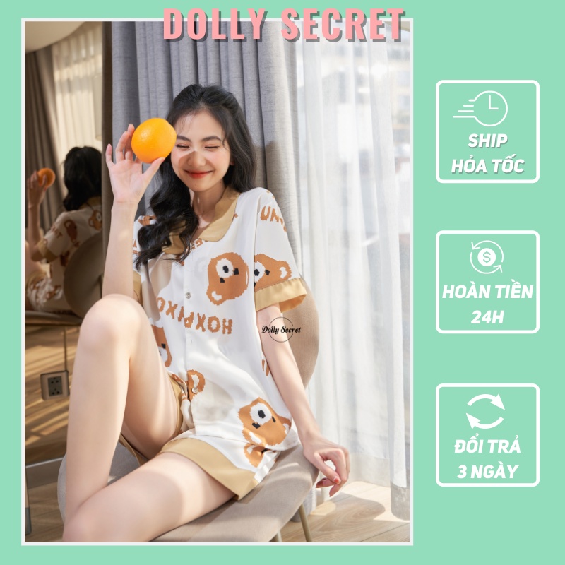 Bộ mặc nhà Pijama lụa hình gấu BEAR dễ thương cổ tròn lụa mango cao cấp DOLLY SECRET CC13