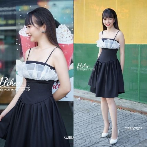 Đầm Hai Dây Tiểu Thư - Đầm hai dây tiểu thư màu đen thiết kế cao cấp Elchee Collection