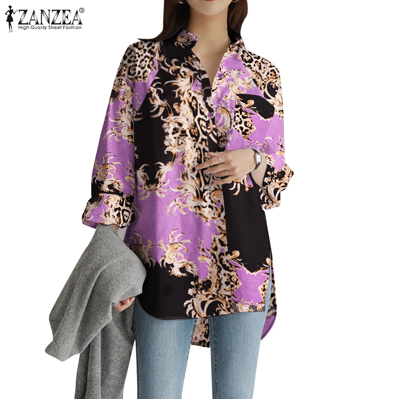 Áo sơ mi ZANZEA tay dài họa tiết da báo thời trang dành cho nữ