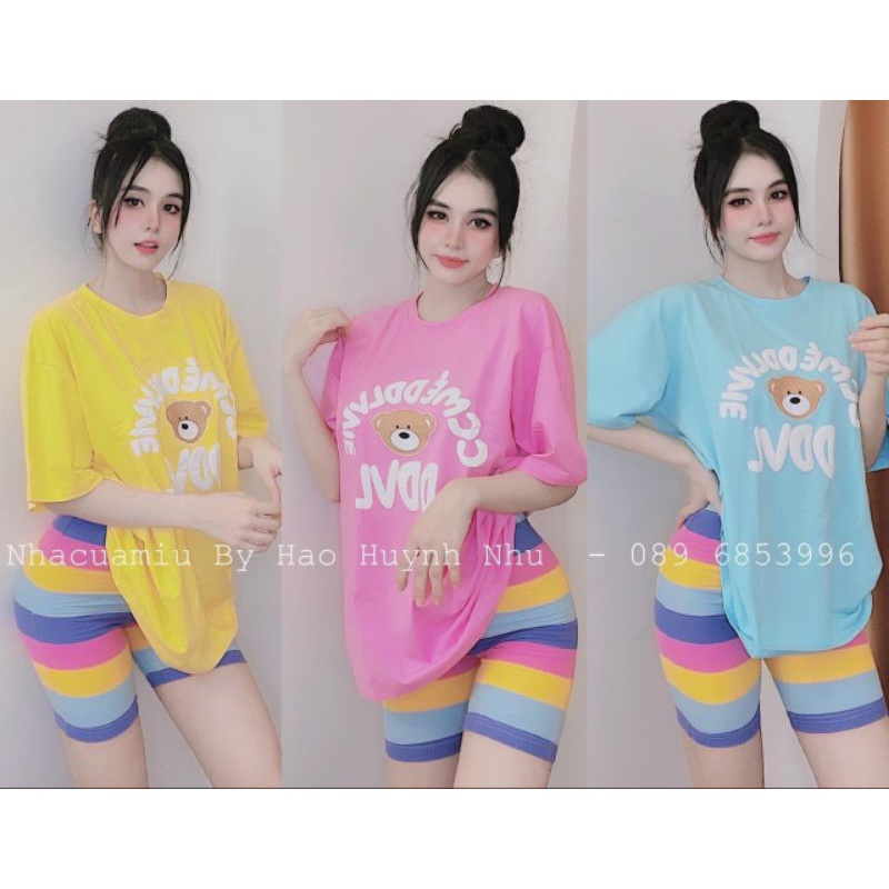 Set thun gấu + quần tăm sọc sắc màu form ngố