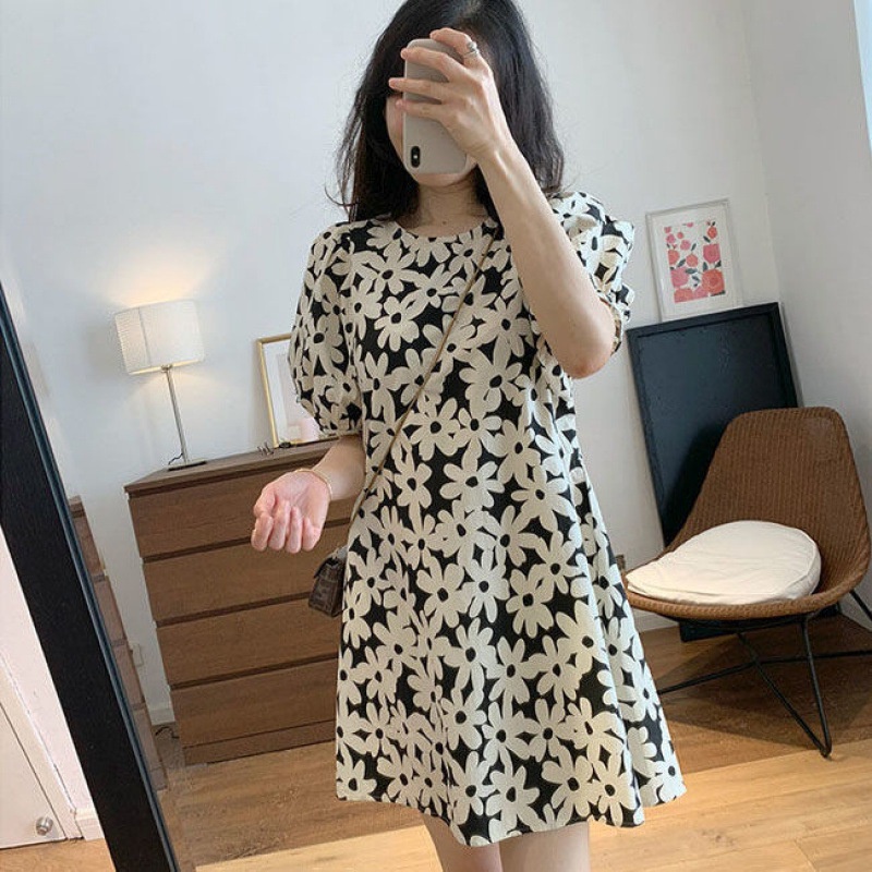 Linki ❀ Đầm Tay Ngắn Hoạ Tiết In Thiết Kế Dáng Rộng Phong Cách Hàn Quốc