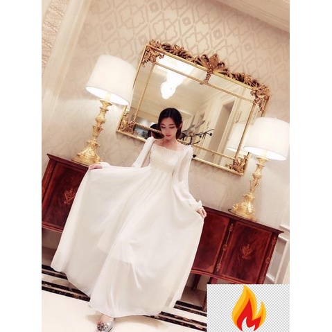 (Hàng có sẵn❤️❤️❤️) Đầm/Váy Maxi Trắng Trễ Vai Tay Dài -JB8