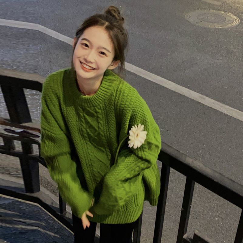 Áo Len Tay Dài Dáng Rộng Màu Xanh Lá Phong Cách Hàn Quốc Thời Trang Cho Nữ