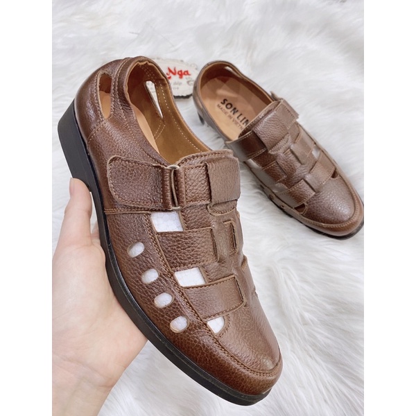 Giày da nam thoáng lỗ mùa hè,giày hè nam màu nâu quai dán