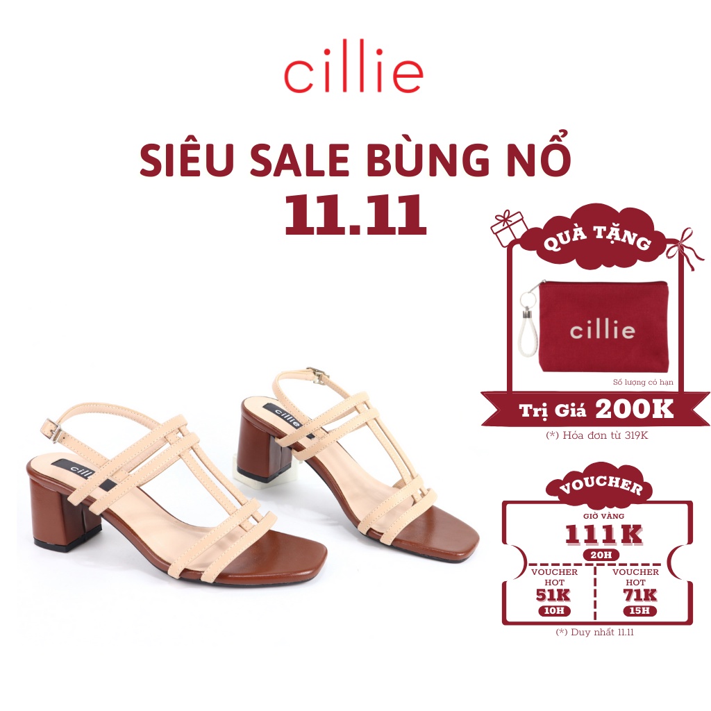 Giày sandal cao gót nữ quai ngang gót vuông cao 5cm đi học đi làm Cillie 1112