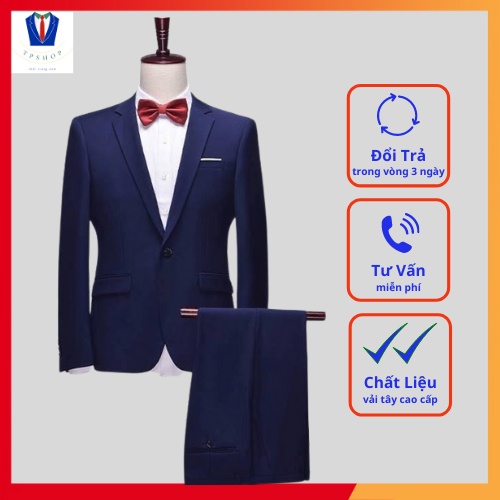 Bộ vest nam đẹp màu xanh than 1 khuy full size [Áo vest + Quần]