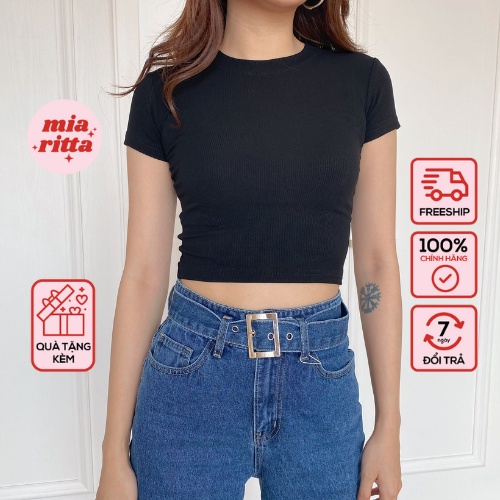 Áo croptop nữ thun tăm cổ tròn cộc tay vintage basic Mia Ritta a2081 ảnh thật