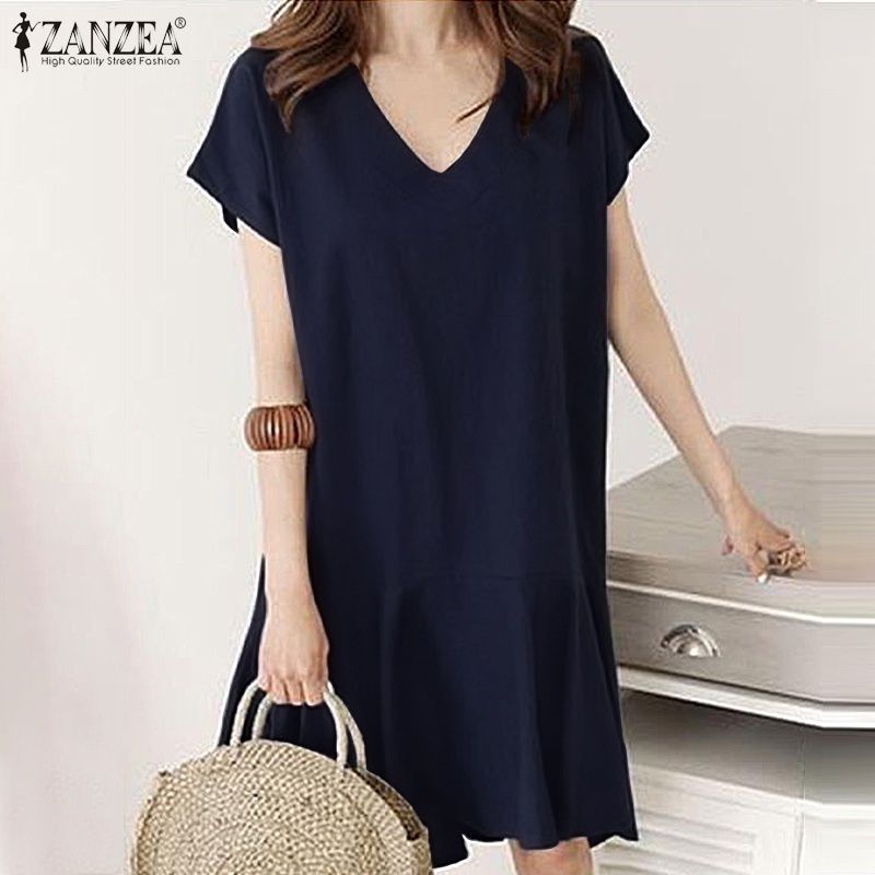Váy ngắn ZANZEA màu trơn cổ chữ V dáng rộng kiểu dáng đơn giản thời trang cho nữ
