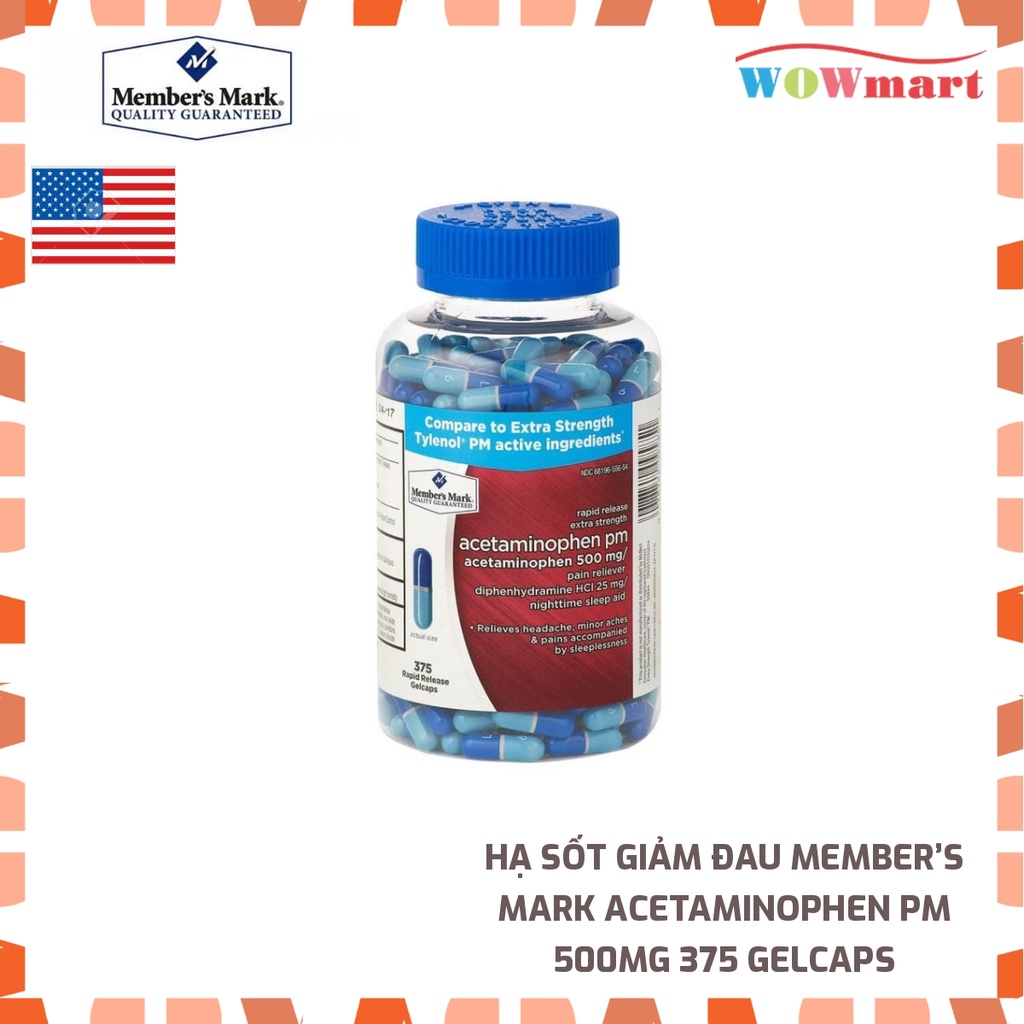 Hạ sốt giảm đau Member’s Mark Acetaminophen PM 500mg 375 Gelcaps