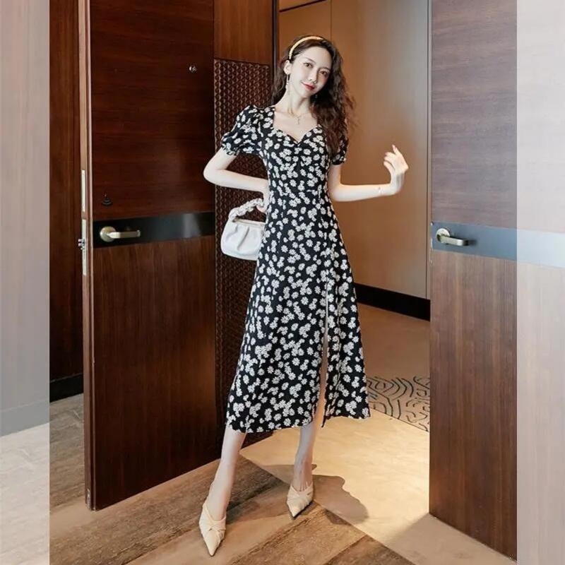 Đầm Hoa Tay Phồng Dáng Dài Phong Cách Pháp Thời Trang Mùa Hè Mới Cho Nữ