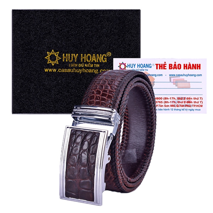 Dây nịt nam da cá sấu Huy Hoàng đan viền 4P màu nâu đất HP4289