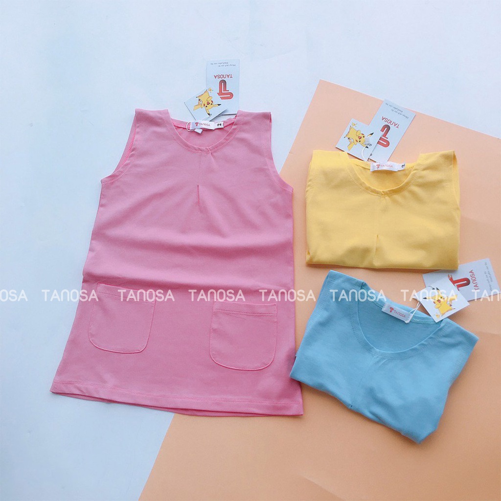 Váy suông bé gái TANOSA cotton sát nách màu trơn 1-5 tuổi