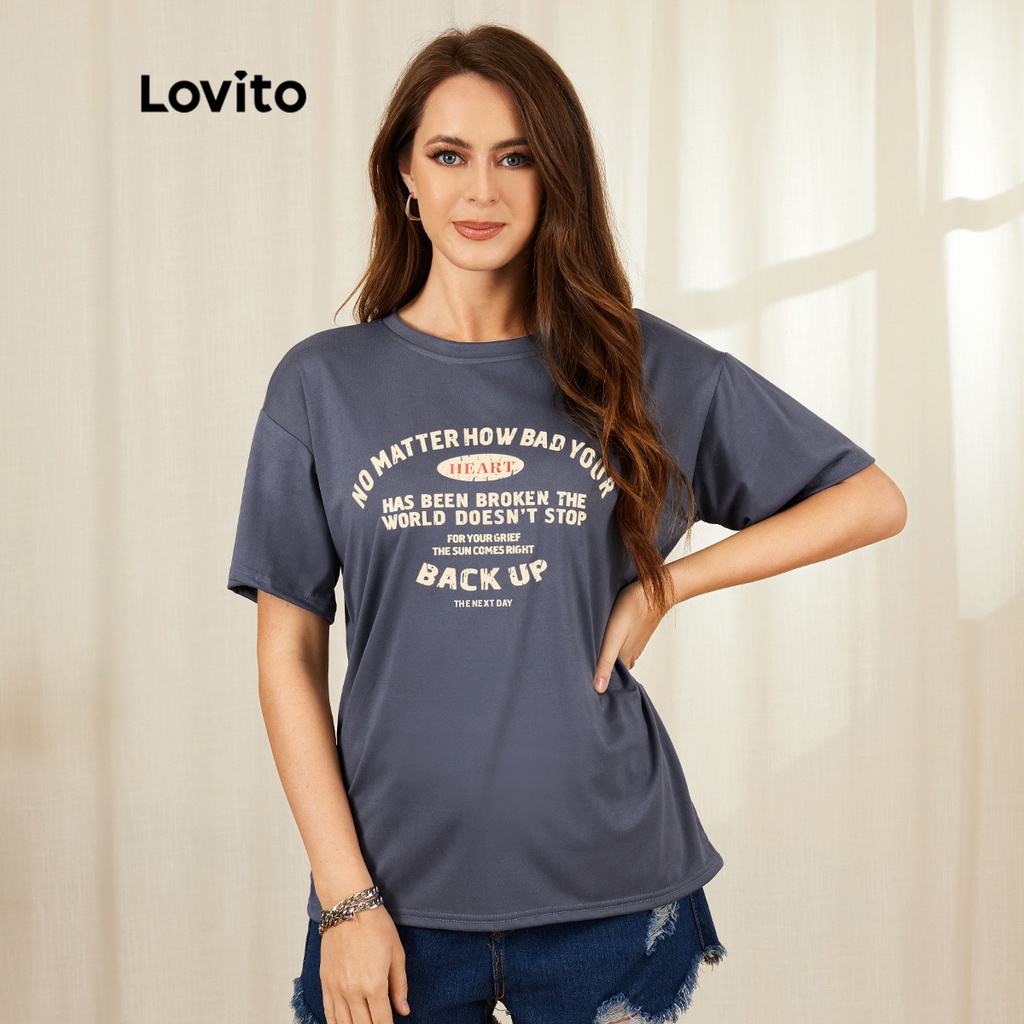 Áo thun Lovito quá cỡ in chữ phong cách cơ bản vintage L18X466 (Màu xanh dương nhạt)