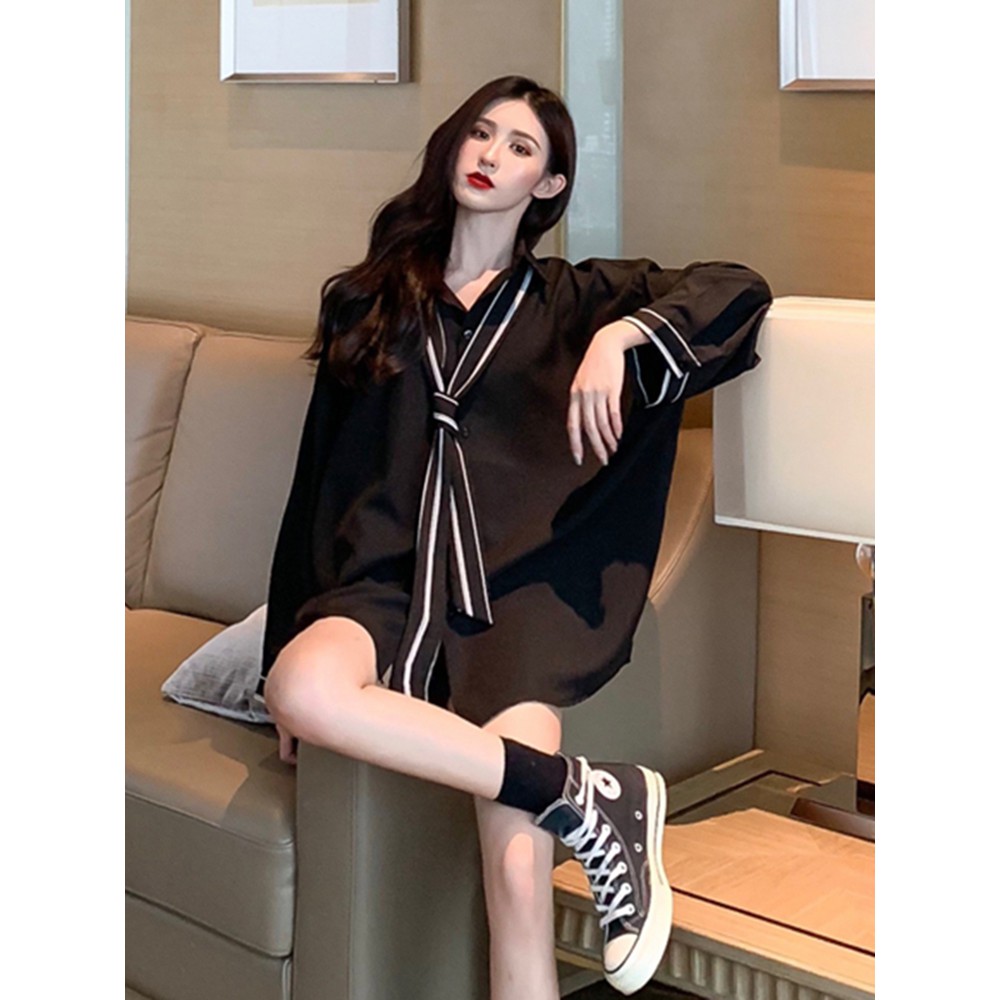 (ORDER) Áo sơ mi nữ dài tay form rộng phối viền đen trắng kèm cavat style retro Hong Kong cá tính (HOT NEW 2020)