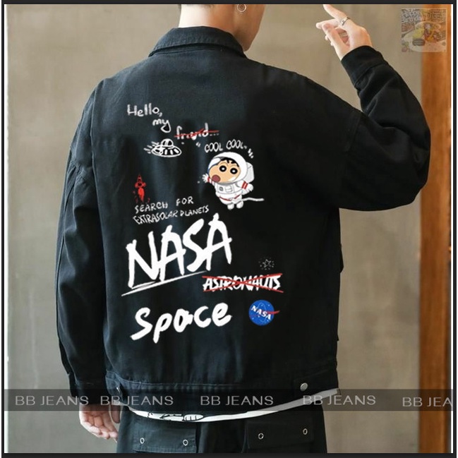 Áo khoác jean màu đen Unisex nam nữ form rộng hình thật Nasa in chữ vàng mới ra 40-75kg Chiwawa shop