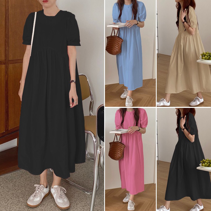 ZANZEA Đầm Dài Màu Trơn Đơn Giản Nữ Tính Dễ Thương | BigBuy360 - bigbuy360.vn
