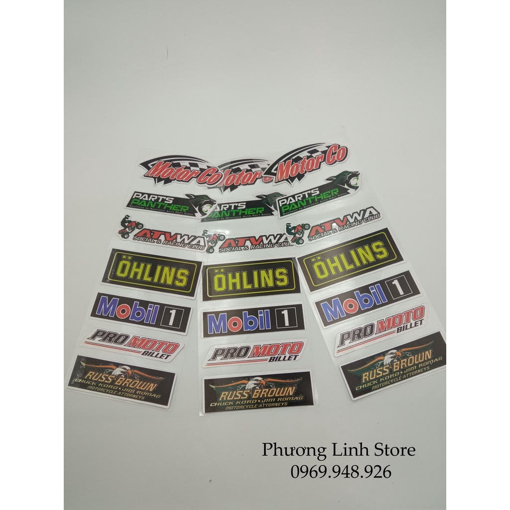 Combo 6 Tem dán phuộc, decal dán xe máy nhiều loại, logo dán xe Motor Go/ Russ Brown