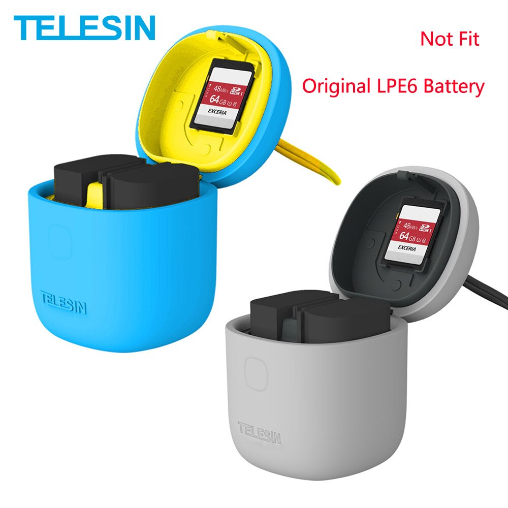 TELESIN-Paquete de 2 baterías LPE6 y 2 ranuras para cargador lector de tarjetas SD, caja de almacenamiento para Canon 5D Mark II III para EOS 6D 7D 80D