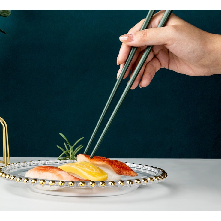 Bộ 5 đôi đũa xanh rêu hợp kim mạ vàng, mạ bạc sang trọng cao cấp