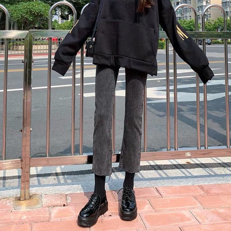 Quần jean nữ mùa xuân và thu cạp cao mỏng eo Harajuku sinh viên bf wind phong cách Hàn Quốc tất thẳng ôm sát kiểu