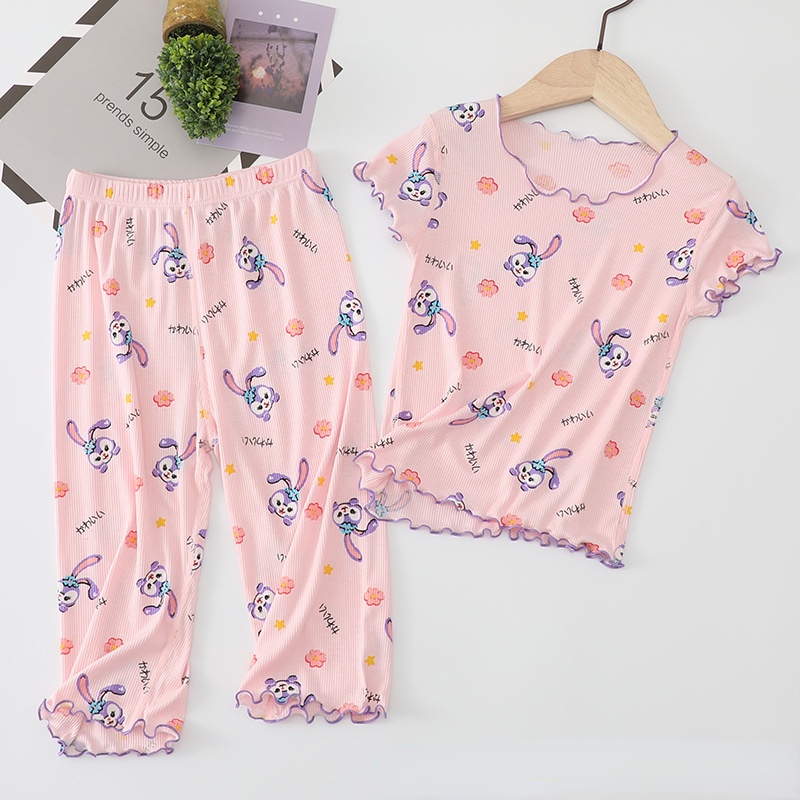 Bộ Đồ Ngủ Tay Ngắn + Quần short Bằng  Nguyên Chất In Họa Tiết Hoạt Hình Phong Cách Hàn Quốc Dễ Thương Dành Cho Bé Gái 1-7 Tuổi