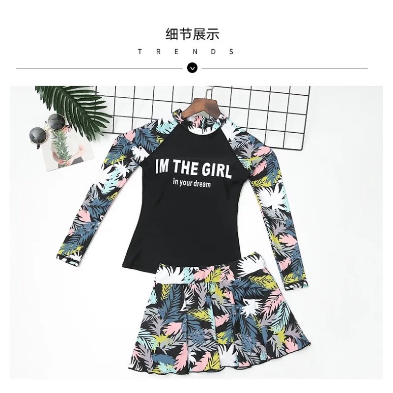 Đồ bơi cao cấp dài tay chân váy hoạ tiết sang chảnh - MT88.04 | BigBuy360 - bigbuy360.vn
