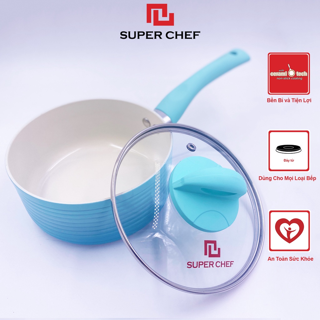 Nồi Cán Dài/ Quánh Ceramic Đáy Từ Chef Blue Cao Cấp, Siêu Bền Bỉ Size 16cm