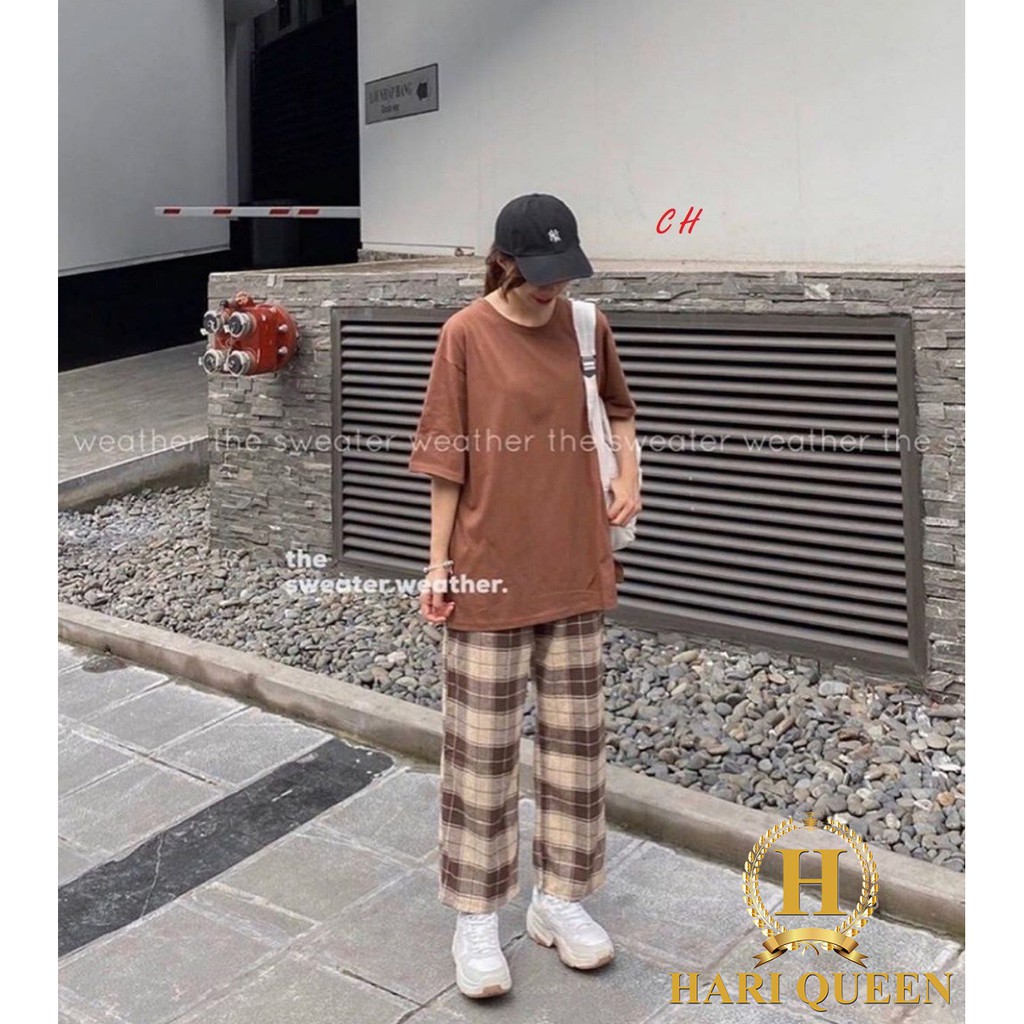 Sét áo trơn + quần kẻ nâu COH0620