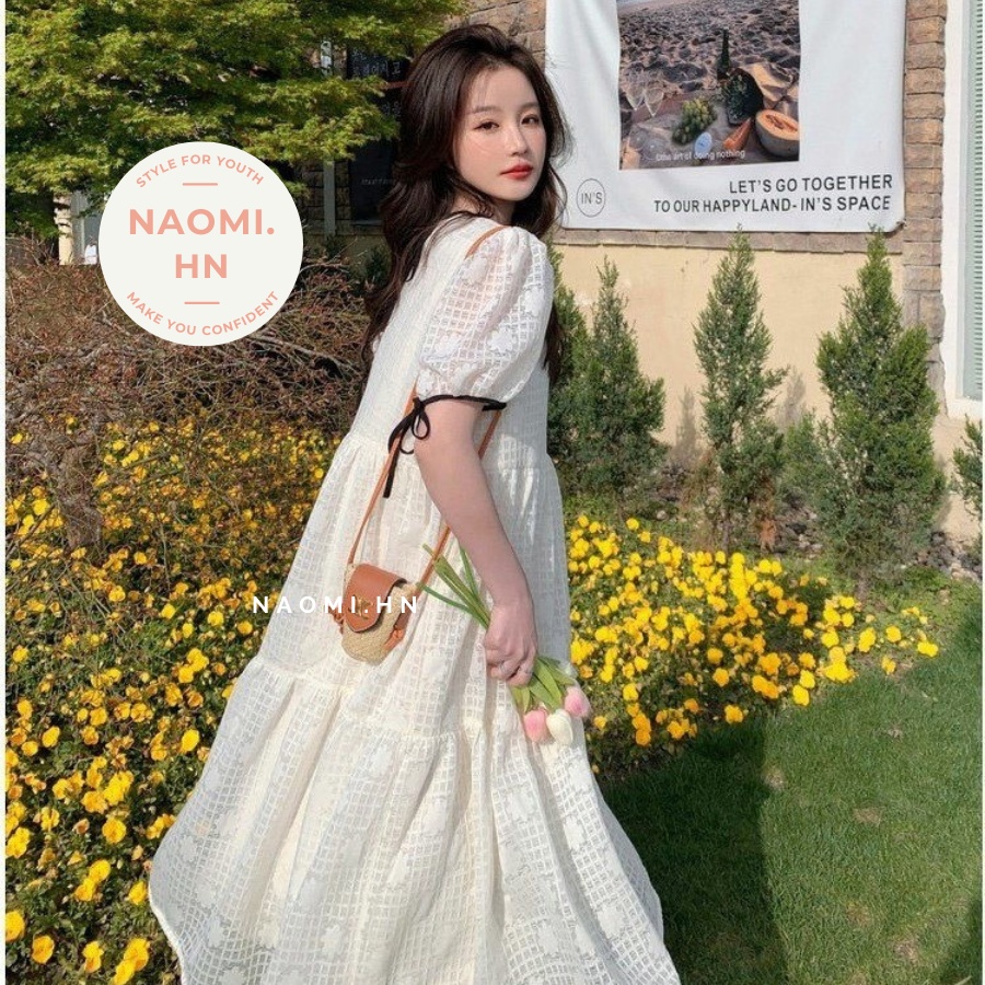 Váy babydoll ngắn tay ren phối viền chỉ buộc nơ 2 tầng xoè. Đầm babydoll ren hoa thừng tiểu thư tay phồng form rộng cute