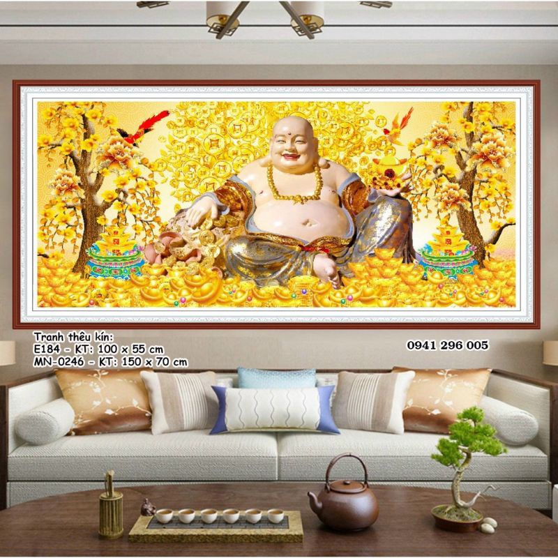 Tranh thêu chữ thập Phật Di Lặc Tiểu Khẩu Thường Khai MN0246(150x70cm)chưa thêu