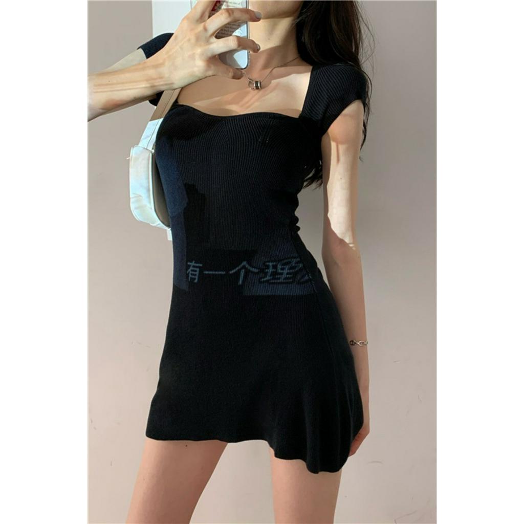 QKOOLE Đầm Dệt Kim Tay Ngắn Cổ Vuông Màu Trơn Thời Trang Mùa Hè Xinh Xắn Cho Nữ