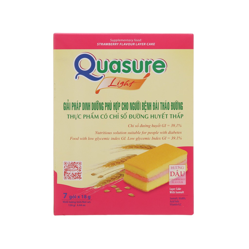 Bánh bông lan cho người tiểu đường kem hương dâu Quasure Light hộp 126g