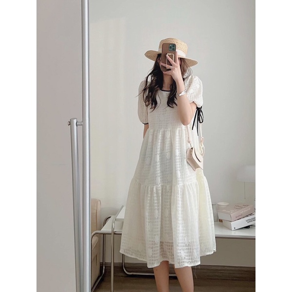 Váy babydoll ren hoa viền đen tay nơ dáng xoè Pea Store