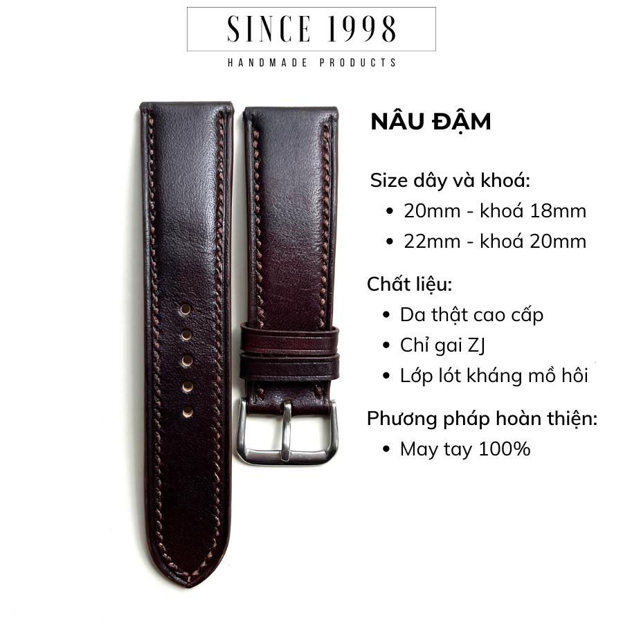 Dây Đồng Hồ Da Bò Nam 20mm 22mm 24mm, Da Thật, Handmade, Chống Nước, Chính Hãng, Màu Nâu Đậm, Bảo Hành 12 Tháng