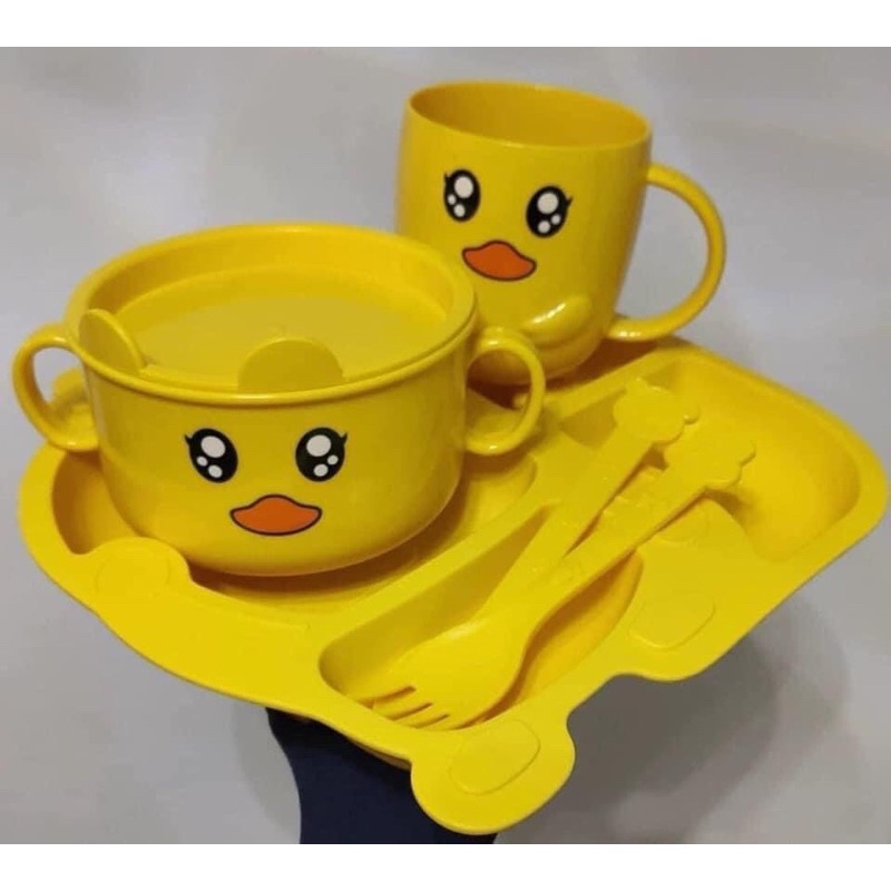 Khay Ăn Dặm , Set Ăn Dặm Set 5 Chi Tiết Vịt Vàng Ngộ Nghĩnh Cho Bé Bao Gồm Khay, Cốc, Bát Ăn Dặm, Thìa Dĩa Ăn Dặm